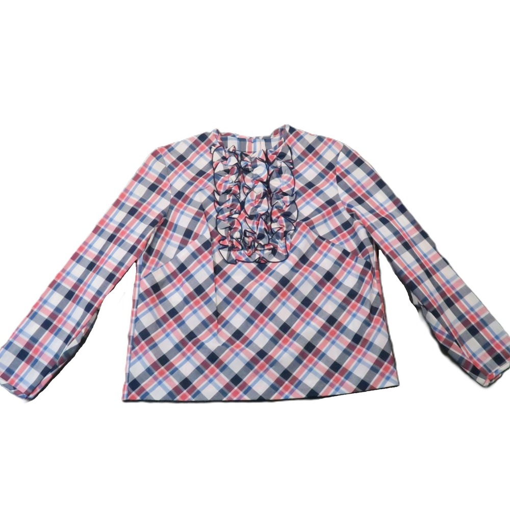 Vintage 60s Bobbie Brooks Plaid Ruffle Bib Blouse M Pink Blue Back Button USA